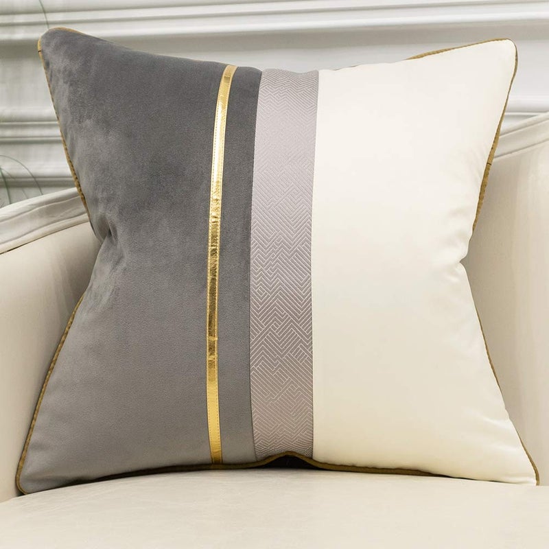 Avigers 18 x 18 Inches Gray White Gold Leather Striped Patchwork Velvet Cushion Case Luxury Modern Throw Pillow Cover Decorative Pillow for Couch Living Room Bedroom Car - Image 1